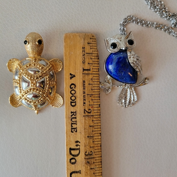 Turtle Brooch & Owl Pendant ~ Silver & Gold Tones ~ Blue Stone ~ Nice! - Picture 11 of 15